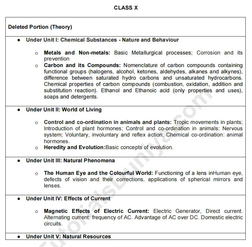 cbse science deleted syllabus class 10