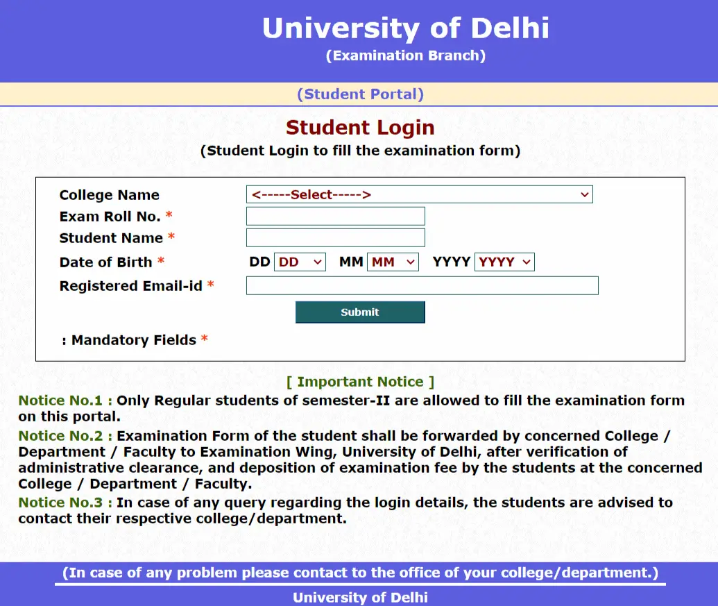 DU Student Portal for filling Exam Form 2021